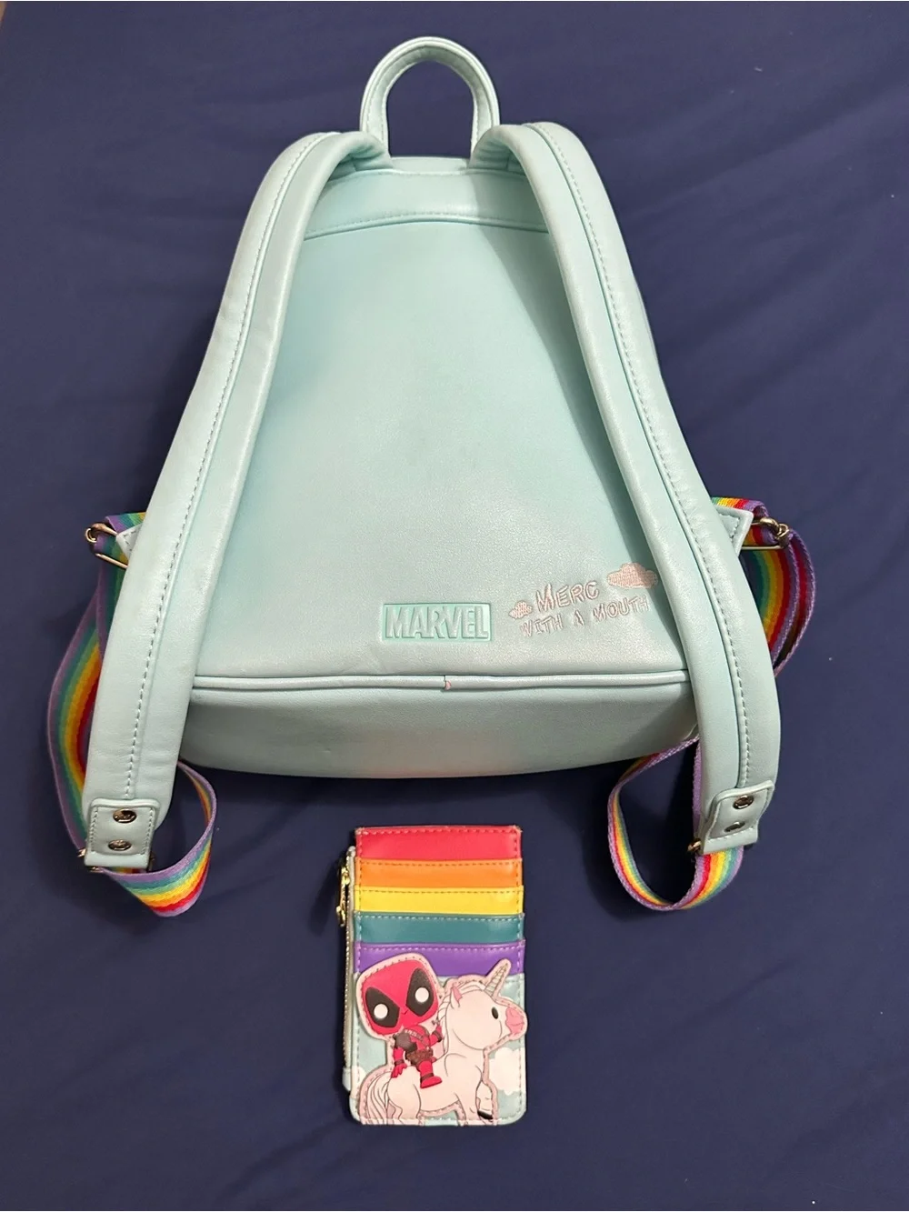 Loungefly Light Blue Rainbow Unicorn Deadpool Kids Backpack